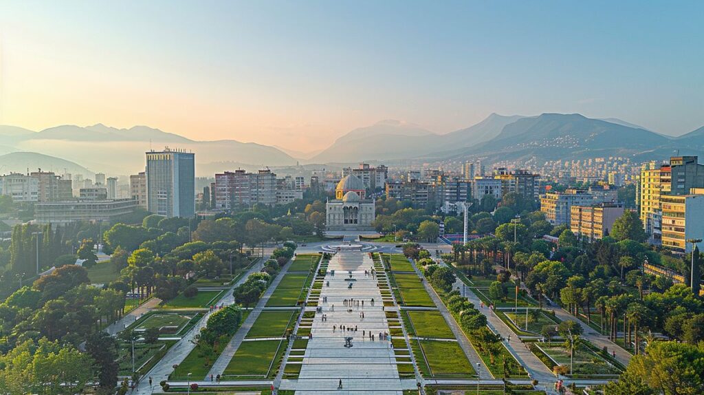 Vista aérea de un paisaje urbano moderno al atardecer con edificios iluminados