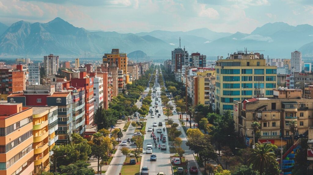 Imagen de un paisaje urbano moderno al atardecer con edificios iluminados y cielo colorido