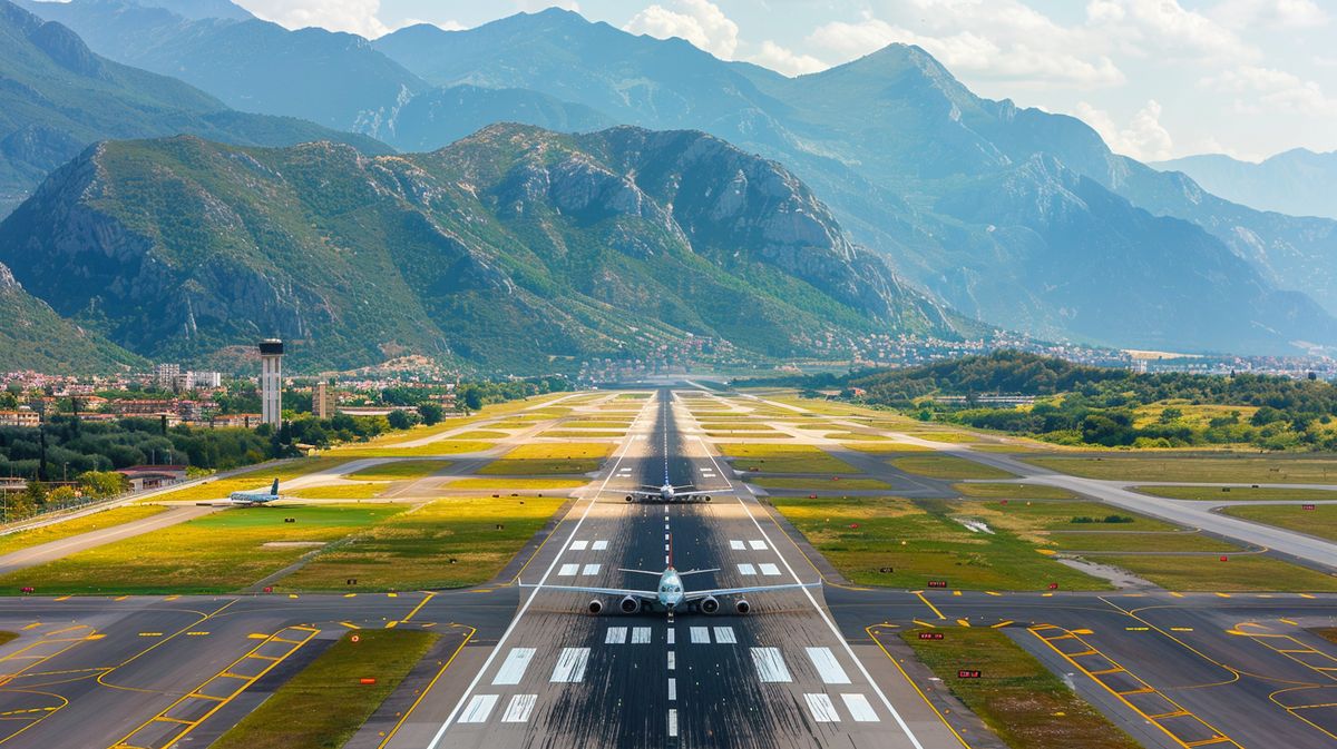 Vista aérea del Aeropuerto de Albania con aviones estacionados y pistas iluminadas al atardecer