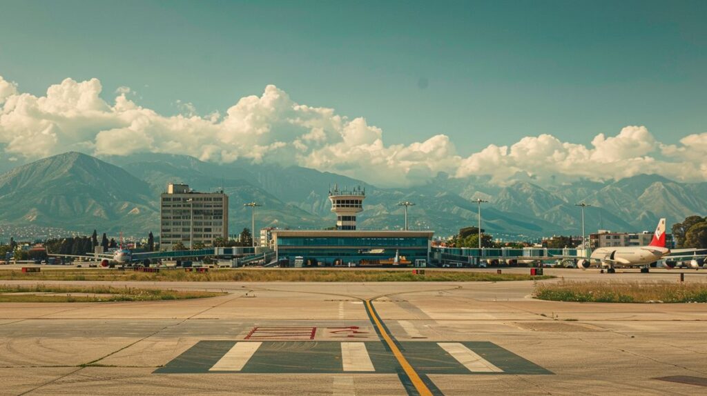 Vista aérea del Aeropuerto Tirana con aviones en pista y edificios terminales al atardecer