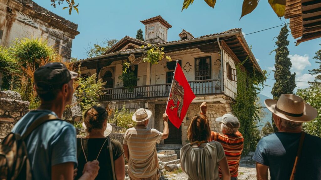 Guía Albania mostrando mapa y puntos de interés turístico en un folleto colorido