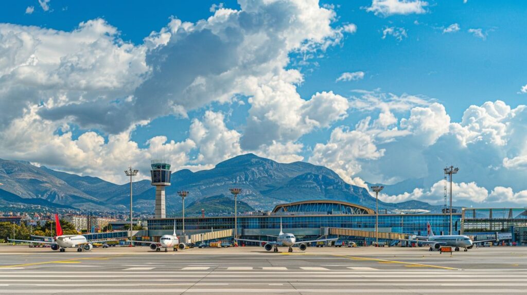 Vista aérea del Aeropuerto Tirana con aviones en pista y terminal moderno