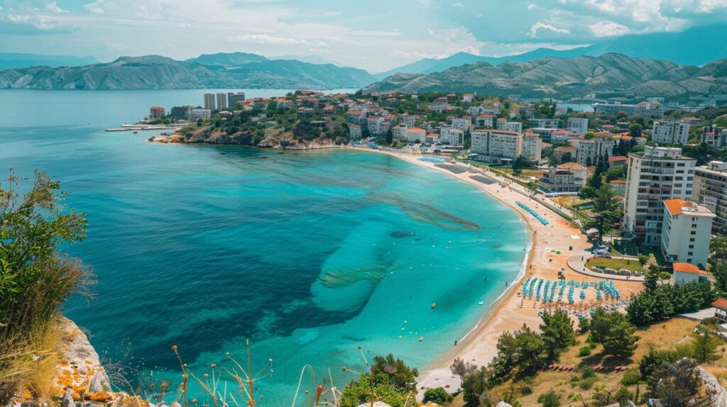 Vista panorámica de la costa en Vlorë Albania, qué ver en un día soleado con turistas disfrutando de la playa