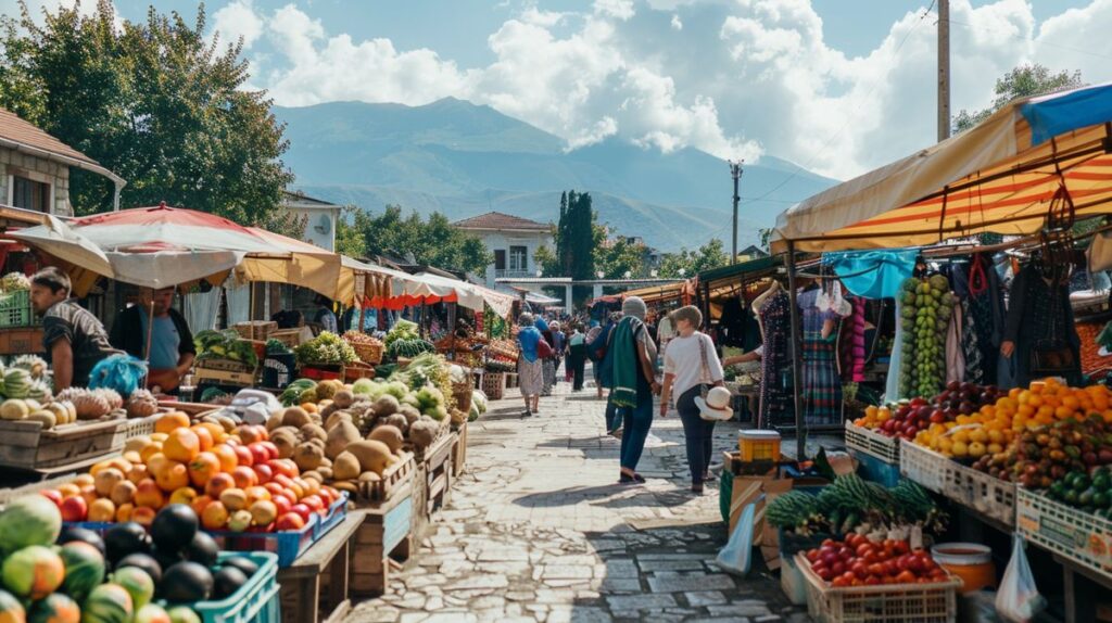 Guía visual de productos asequibles, qué comprar barato en Albania, mostrando artesanías y alimentos locales