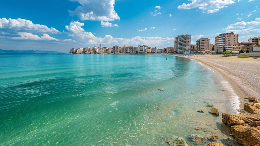 Vista panorámica de la playa y el puerto en Durrës, Albania, en un día soleado