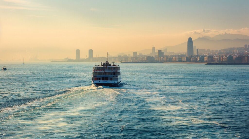 Ferry navegando desde Barcelona a Albania en un hermoso día soleado