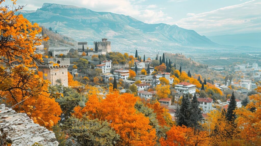 Paisaje otoñal en Albania con vistas a las montañas cubiertas de hojas doradas, ideal para viajar a Albania en noviembre