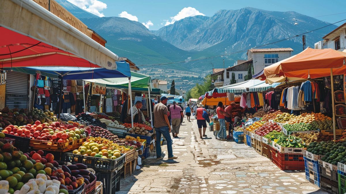 Guía visual de qué comprar barato en Albania, mostrando productos típicos y souvenirs en un mercado local