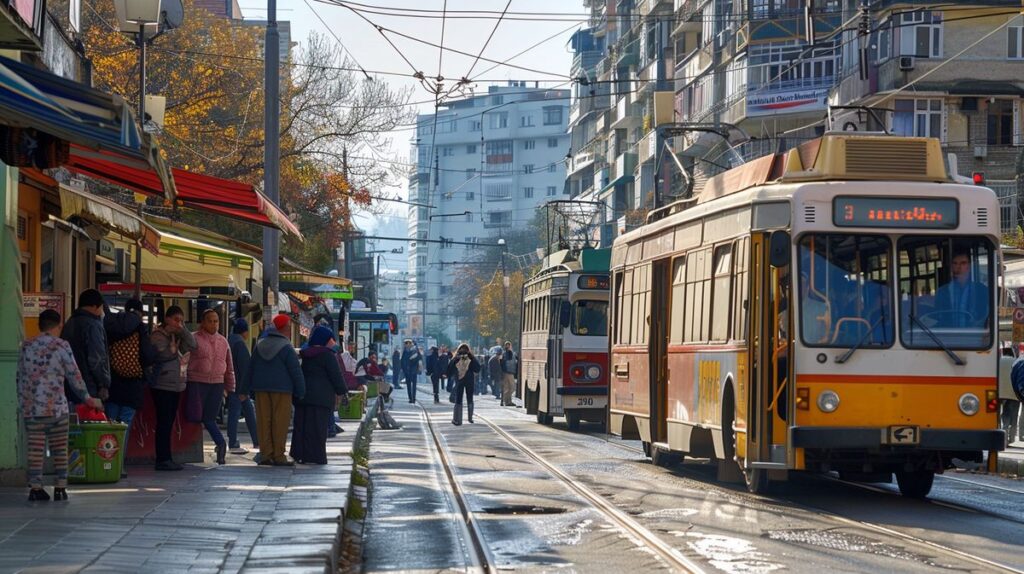 Autobús moderno en una estación en Tirana, ilustrando el transporte público Albania