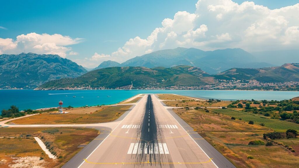 Vista aérea del Aeropuerto Riviera Albanesa con aviones en pista y terminal moderno