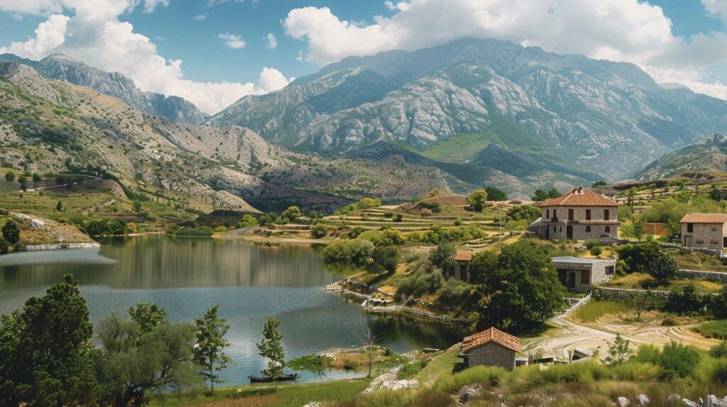 Paisaje de montaña y lago en Albania, perfecto para explorar Albania por libre