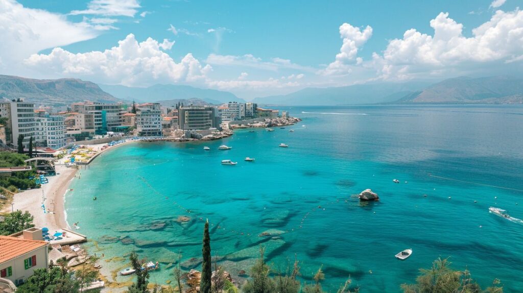 Vista panorámica de la costa en Saranda Albania qué ver con playas cristalinas y embarcaciones