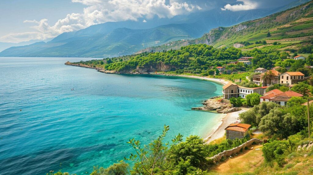 Vista panorámica de la costa de Albania, promoviendo el turismo en Albania con un hermoso paisaje marino y cielo despejado