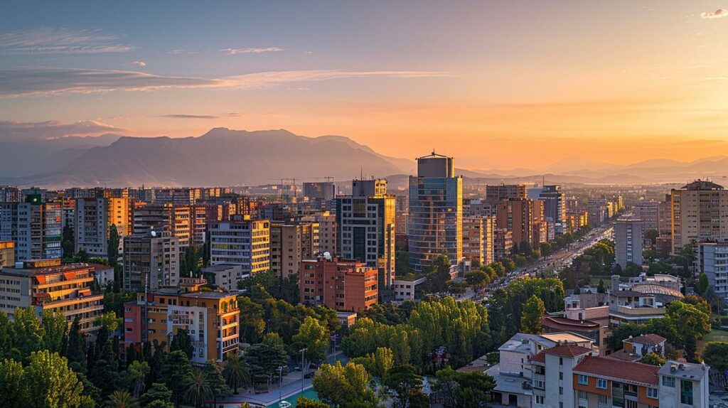 Vista panorámica de Tirana ciudad al atardecer, destacando modernos edificios y calles iluminadas