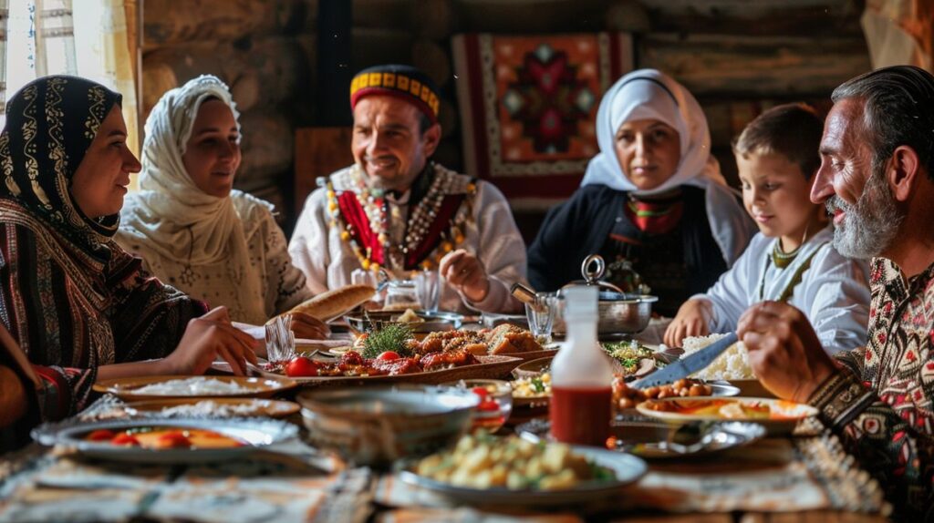 Personas disfrutando de una comida típica albanesa, ilustrando a qué hora se come en Albania