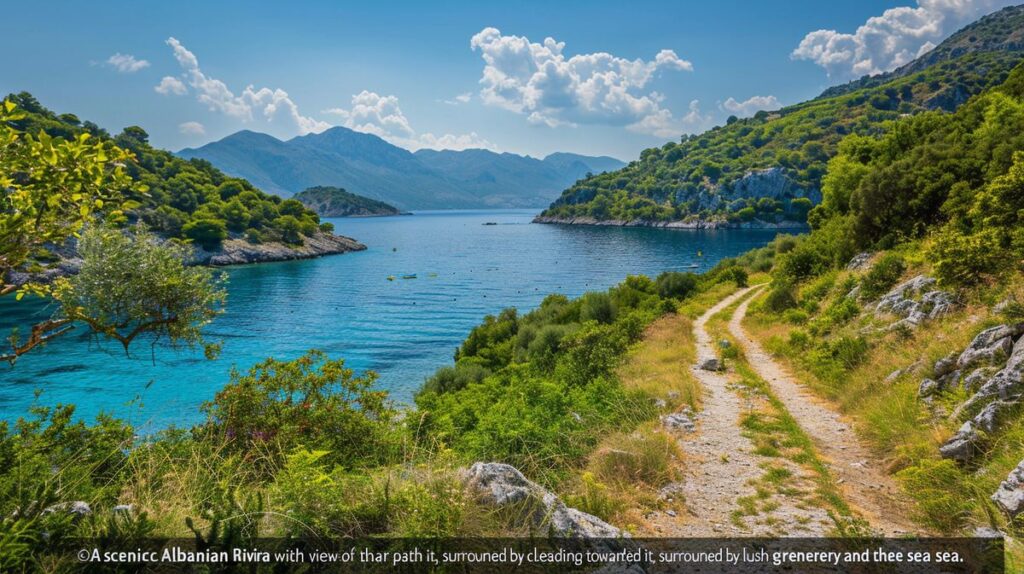 Guía visual sobre cómo ir a la Riviera Albanesa, mostrando rutas y medios de transporte disponibles