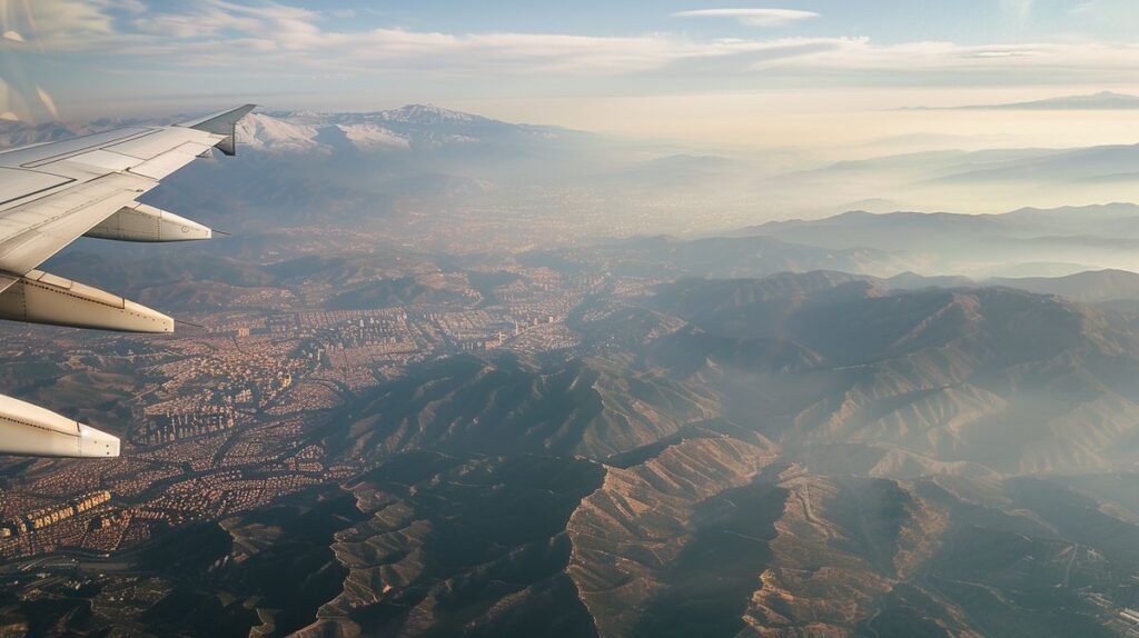 Vista aérea de un paisaje urbano moderno con edificios iluminados al atardecer