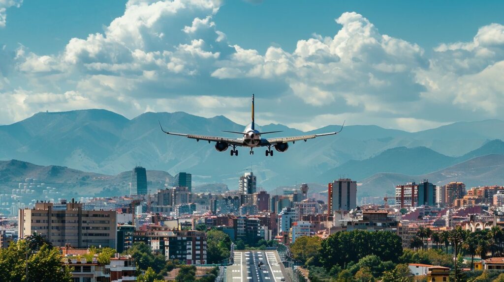 Avión despegando para un vuelo Madrid Albania sobre un atardecer pintoresco