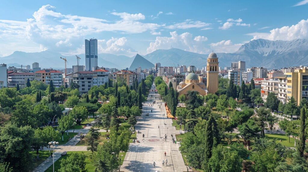 Vista aérea de un paisaje urbano moderno iluminado al atardecer