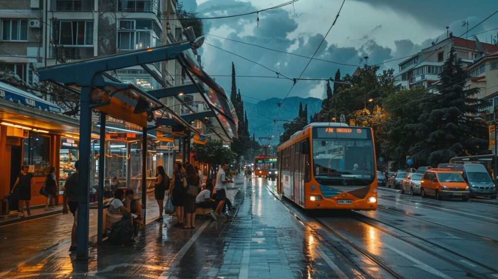 Autobús moderno circulando en una calle típica de Albania, ilustrando el transporte público Albania