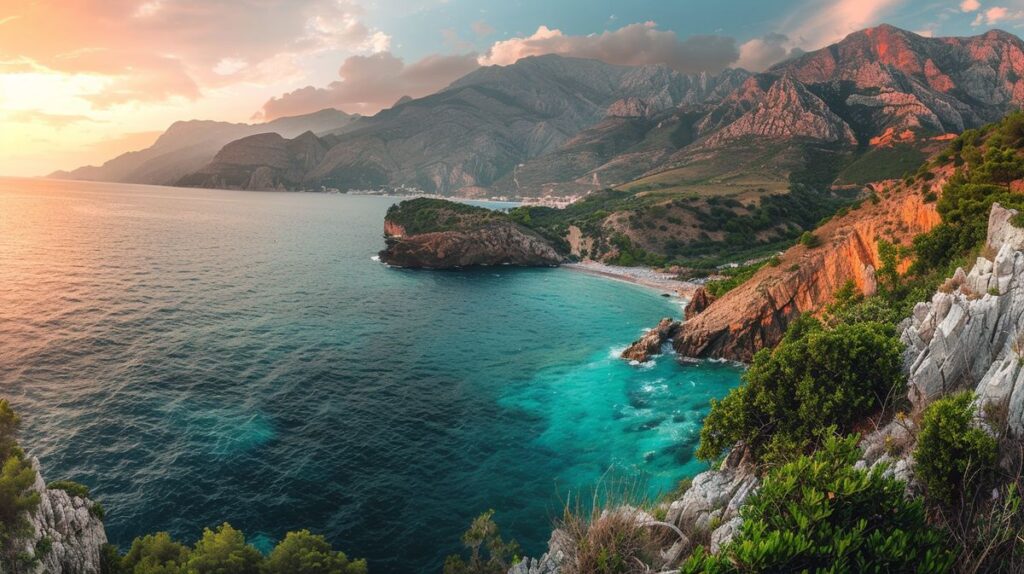 Vista panorámica de la costa Albanesa con playas y acantilados al atardecer