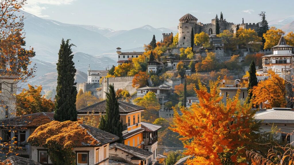 Paisaje otoñal en Albania, ideal para viajar a Albania en noviembre, mostrando la serenidad y belleza natural del país