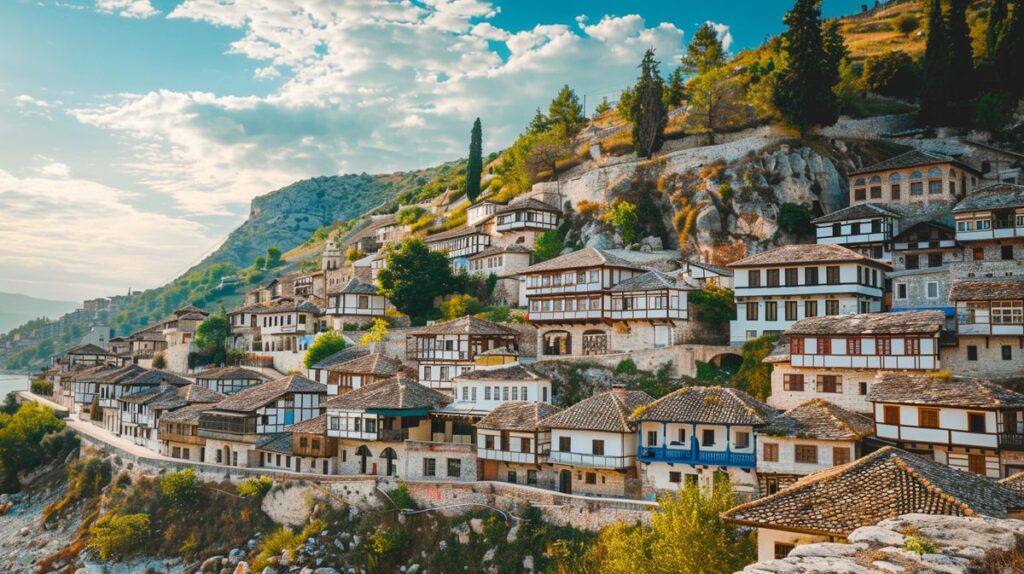 Imagen de un paisaje urbano moderno al atardecer con rascacielos iluminados