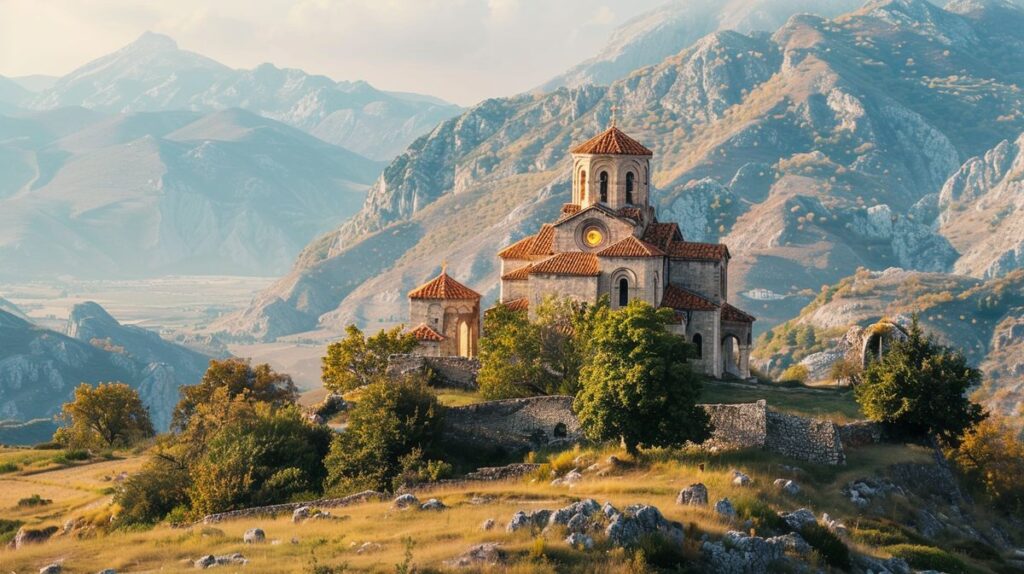 Imagen de un paisaje natural con montañas al atardecer y cielo nublado