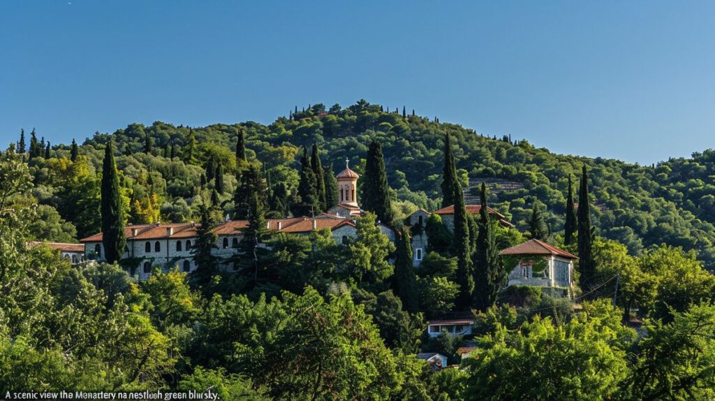 Vista panorámica del Monasterio de Ardenica rodeado de vegetación en un día claro