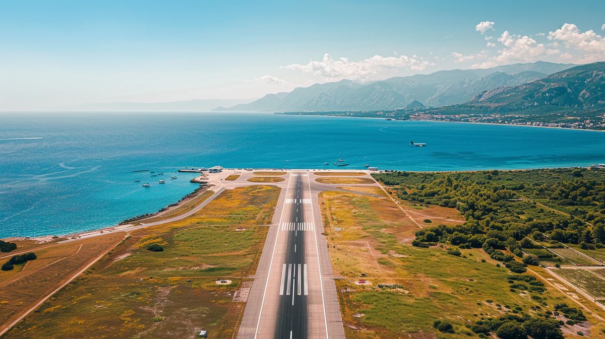 Vista aérea del Aeropuerto Riviera Albanesa con aviones en pista y estructuras modernas al atardecer