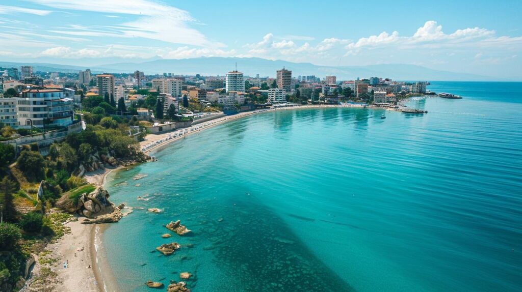 Vista panorámica de la playa y el muelle en Durrës Albania, un destino turístico popular en verano