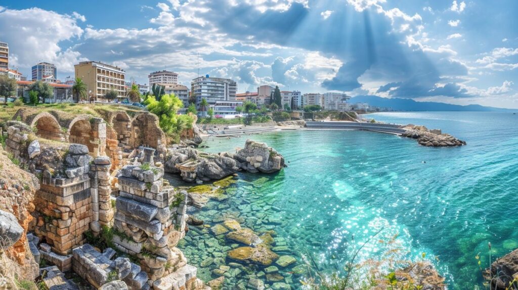 Vista panorámica de la playa y el puerto en Durrës, ideal para descubrir qué ver en Durrës