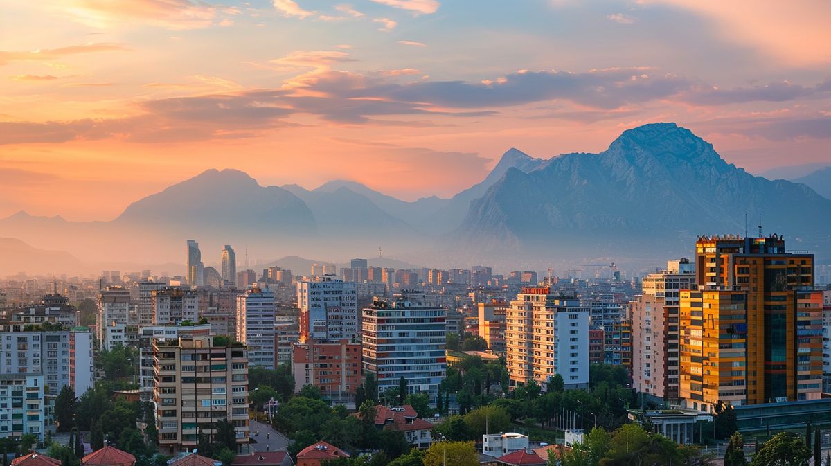 Vista panorámica de Tirana ciudad al atardecer con edificios iluminados y montañas al fondo