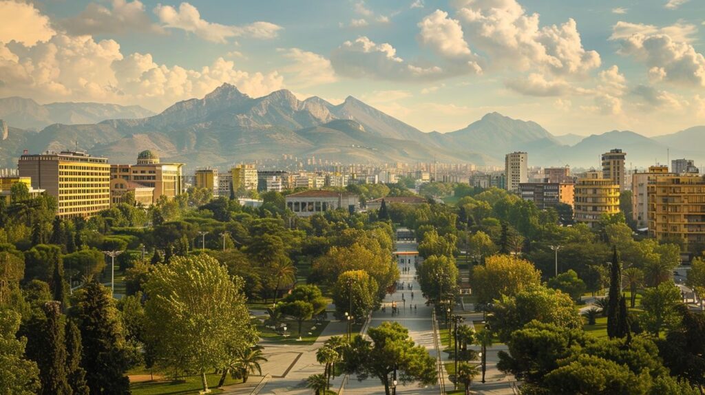 Vista panorámica de Tirana, cuál es la capital de Albania, mostrando edificios modernos y áreas verdes