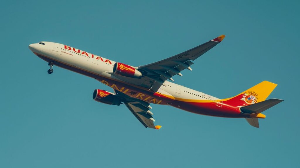 Avión sobre nubes iluminadas por el sol con texto promocional de vuelos a Albania desde España