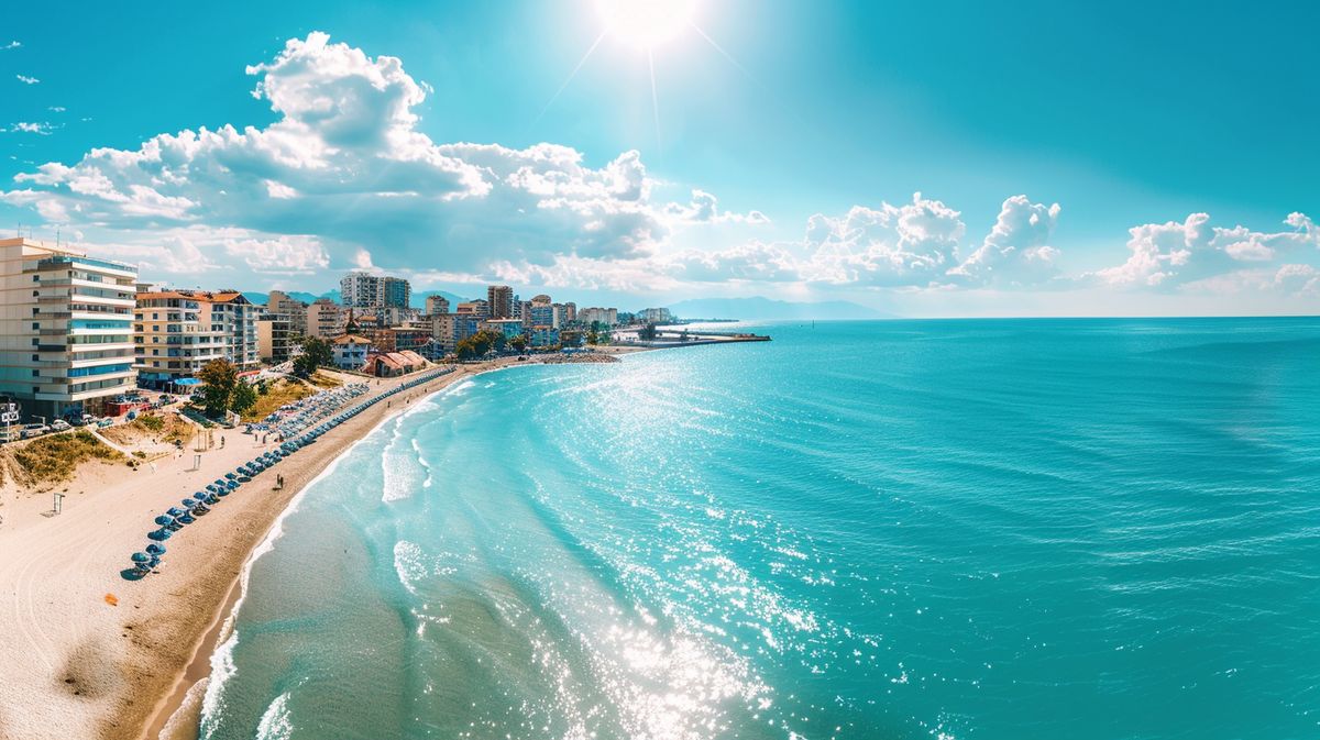 Vista aérea de las playas de Durrës con turistas disfrutando del sol y el mar cristalino