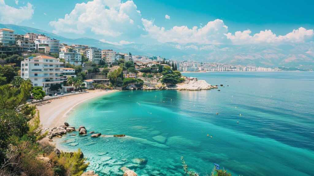 Vista panorámica de la costa en Saranda Albania qué ver, con playas cristalinas y un vibrante atardecer