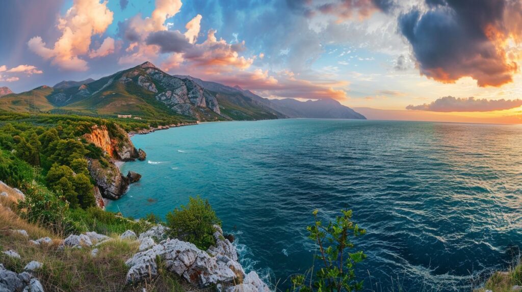 Vista panorámica de la costa Albanesa con acantilados y mar azul en un día soleado