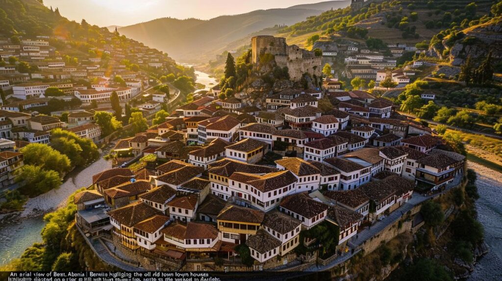 Vista panorámica del casco antiguo de Berat, Albania, mostrando casas tradicionales y el río en un día soleado