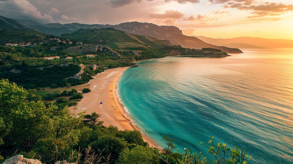 Imagen de un paisaje natural con montañas al atardecer y cielo colorido