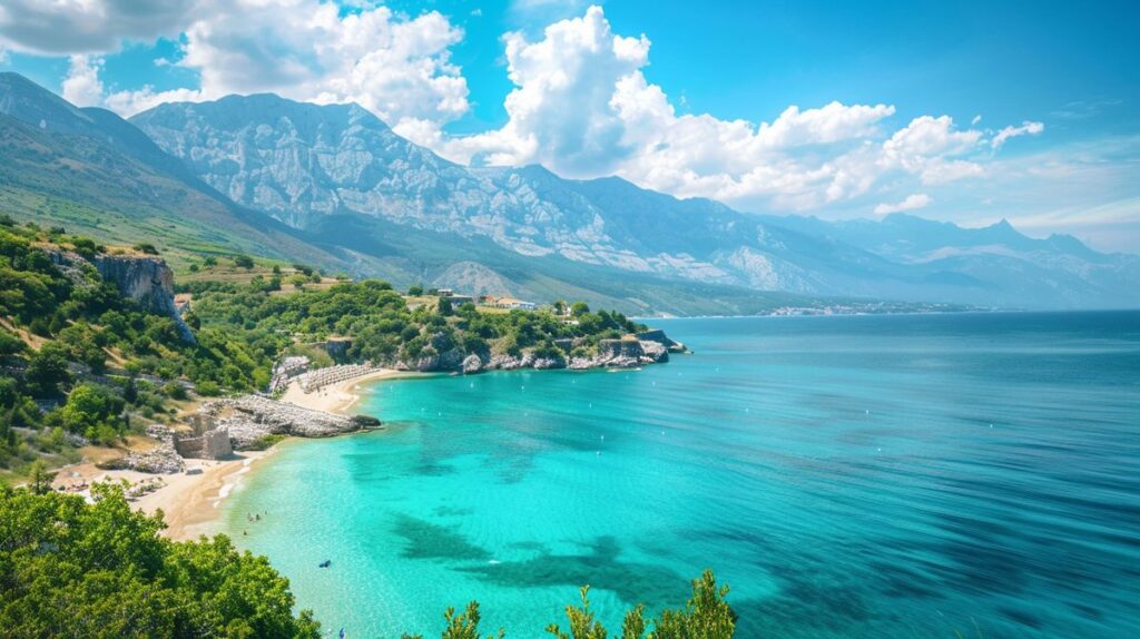 Vista panorámica de la costa en Albania, destacando el turismo y la belleza natural del país