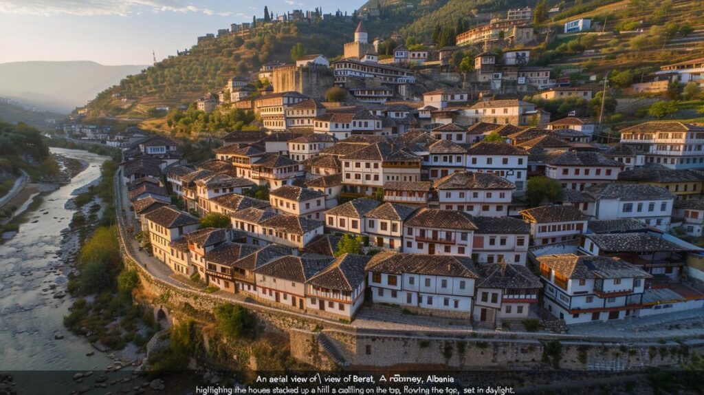 Vista panorámica de Berat, Albania, mostrando casas tradicionales y el río en un día soleado