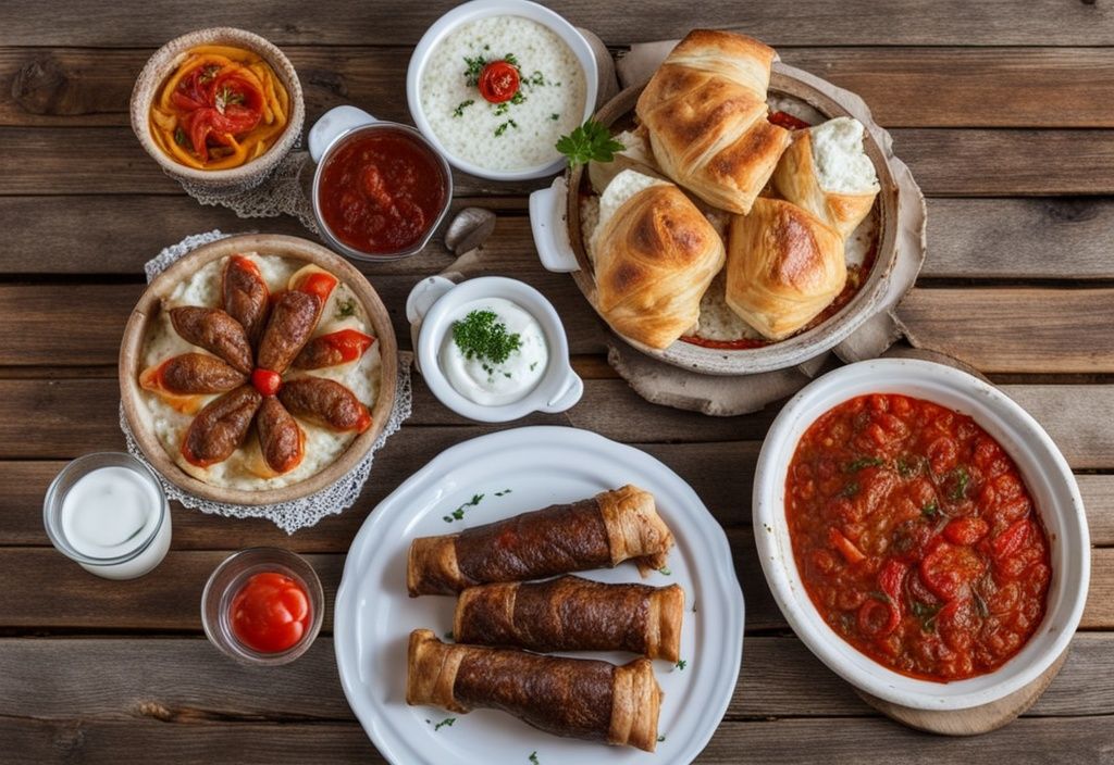 Comida típica Albania: mesa rústica con Tavë Kosi, Fërgesë y Byrek, con fondo del campo albanés.