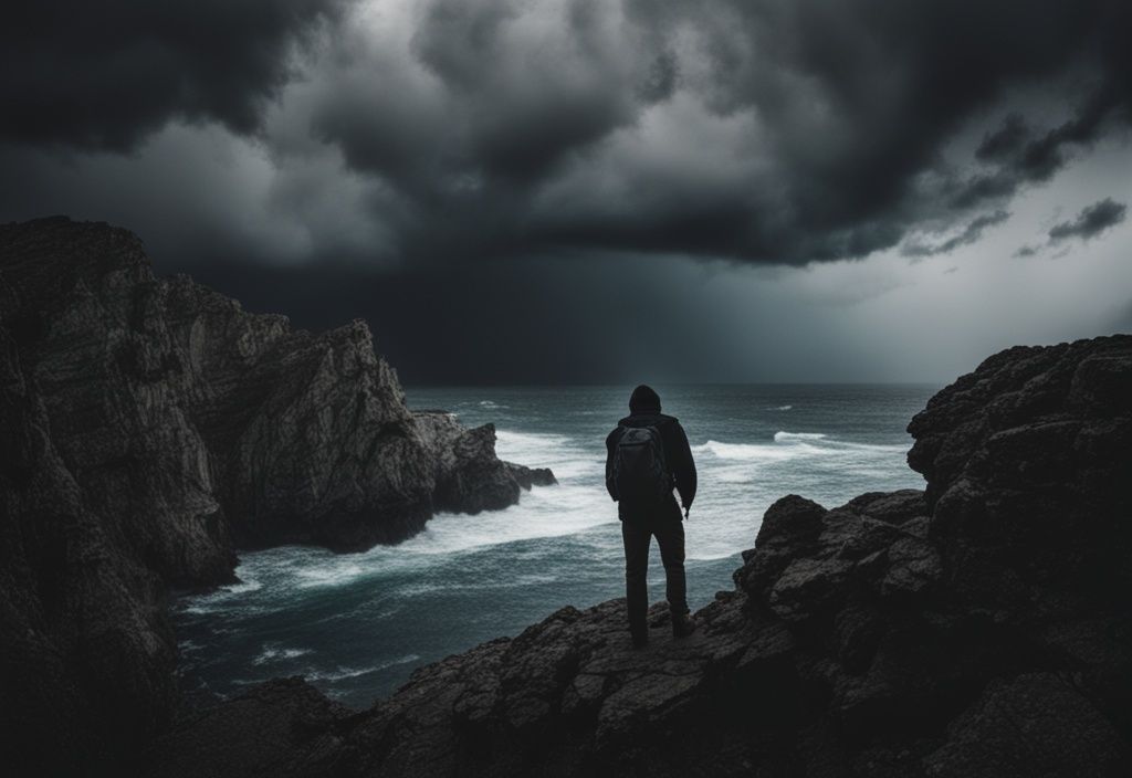 Paisaje oscuro y ominoso de Albania con nubes tormentosas, mar agitado y un viajero solitario con mochila al borde de un acantilado rocoso; viajar a Albania es peligroso.