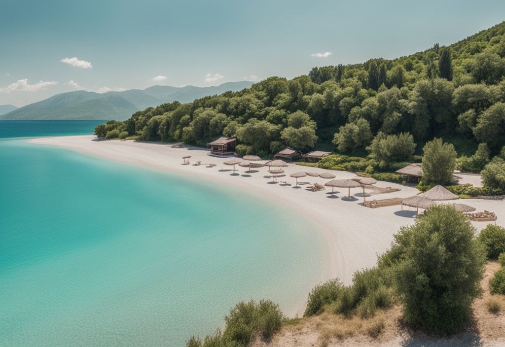 Vista panorámica de una hermosa y prístina playa en Albania con agua cristalina turquesa, arena dorada y exuberante vegetación en el fondo, mejores playas de Albania.