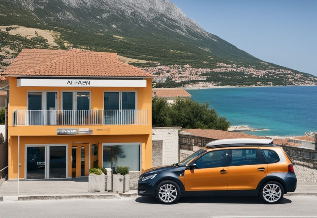 Coche moderno frente a agencia de alquiler coche Albania con la hermosa costa albanesa de fondo.