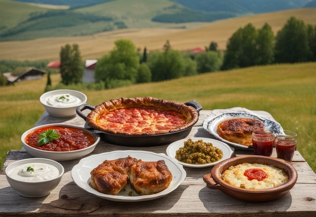 Comida tradicional albanesa en una mesa rústica de madera con Tave Kosi, Byrek y Fergese, y fondo del campo albanés.