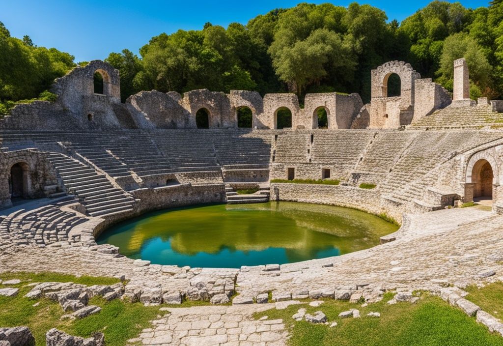 Anfiteatro antiguo en Butrinto, Albania rodeado de vegetación exuberante y cielos azules claros