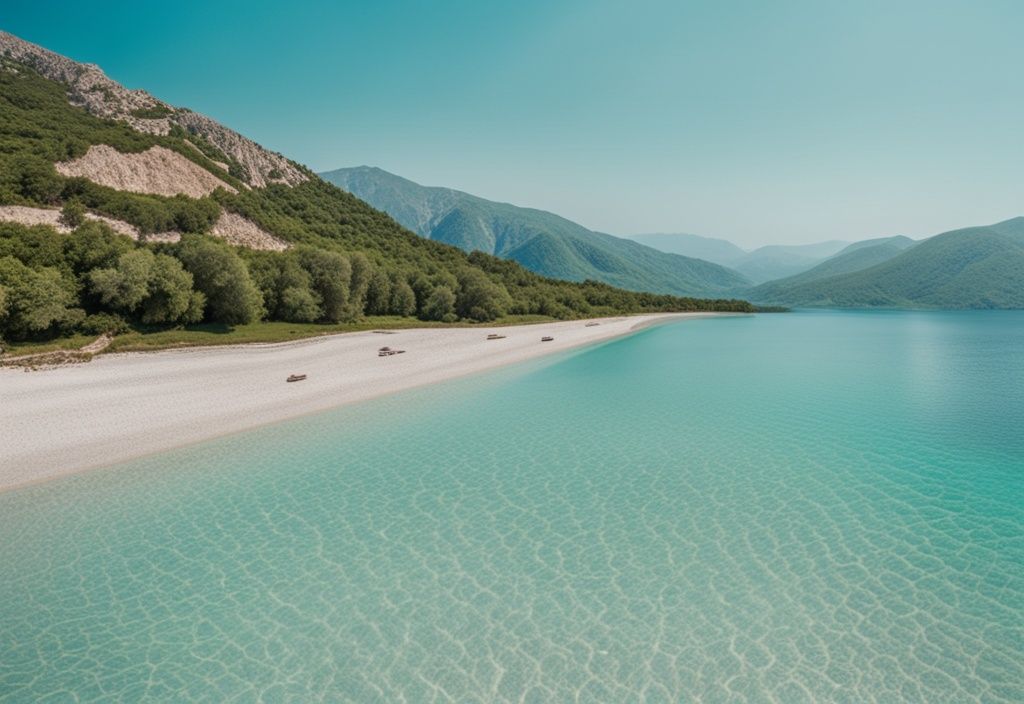 Vista panorámica de una playa prístina y arenosa en Albania con agua turquesa clara, rodeada de colinas verdes exuberantes bajo un cielo azul claro.