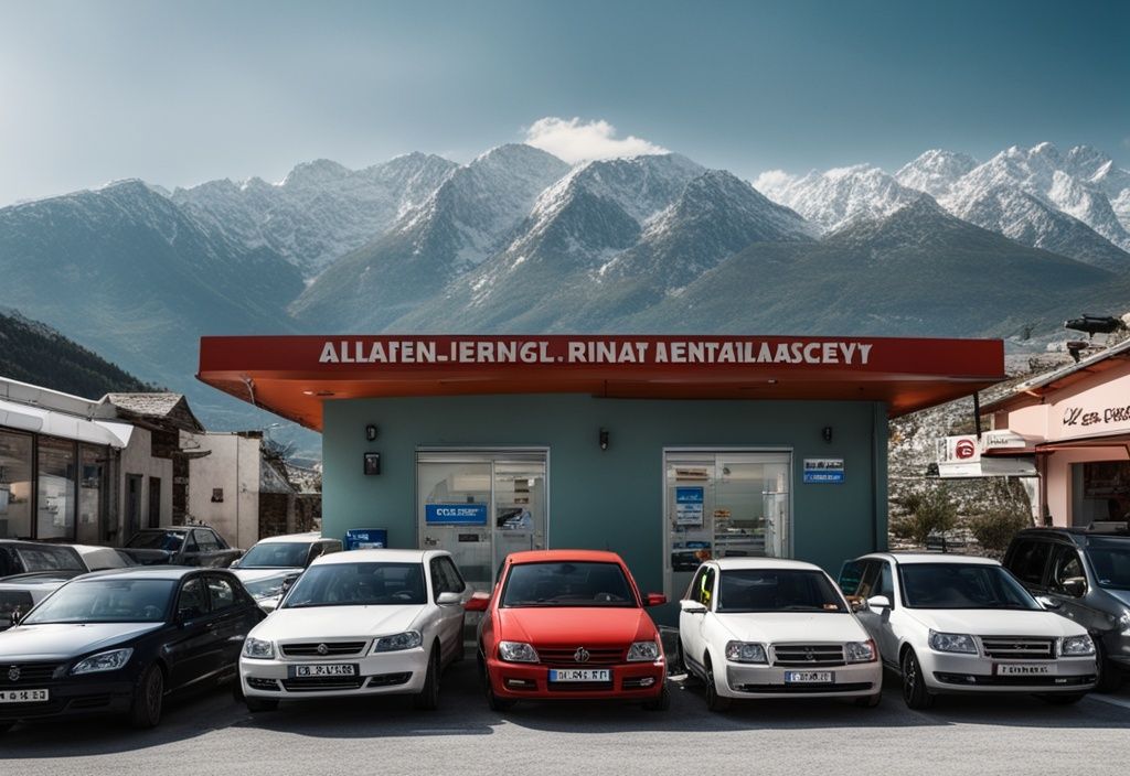 Variedad de coches estacionados frente a una agencia de alquiler de autos con las hermosas montañas albanesas de fondo.